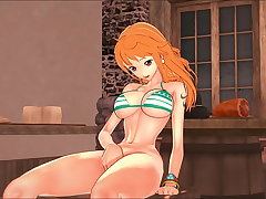 The cute pirate Nami fingers her pussy in a bar - One Piece Hentai.