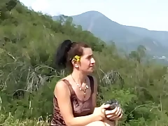 Neglected brunette cougar gets fucked in the woods by 2 horny strangers