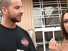 Brown-haired mom riding big cock