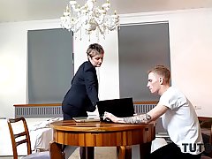 TUTOR4K. Saggy snatch is filled with students hard cock making teacher cum